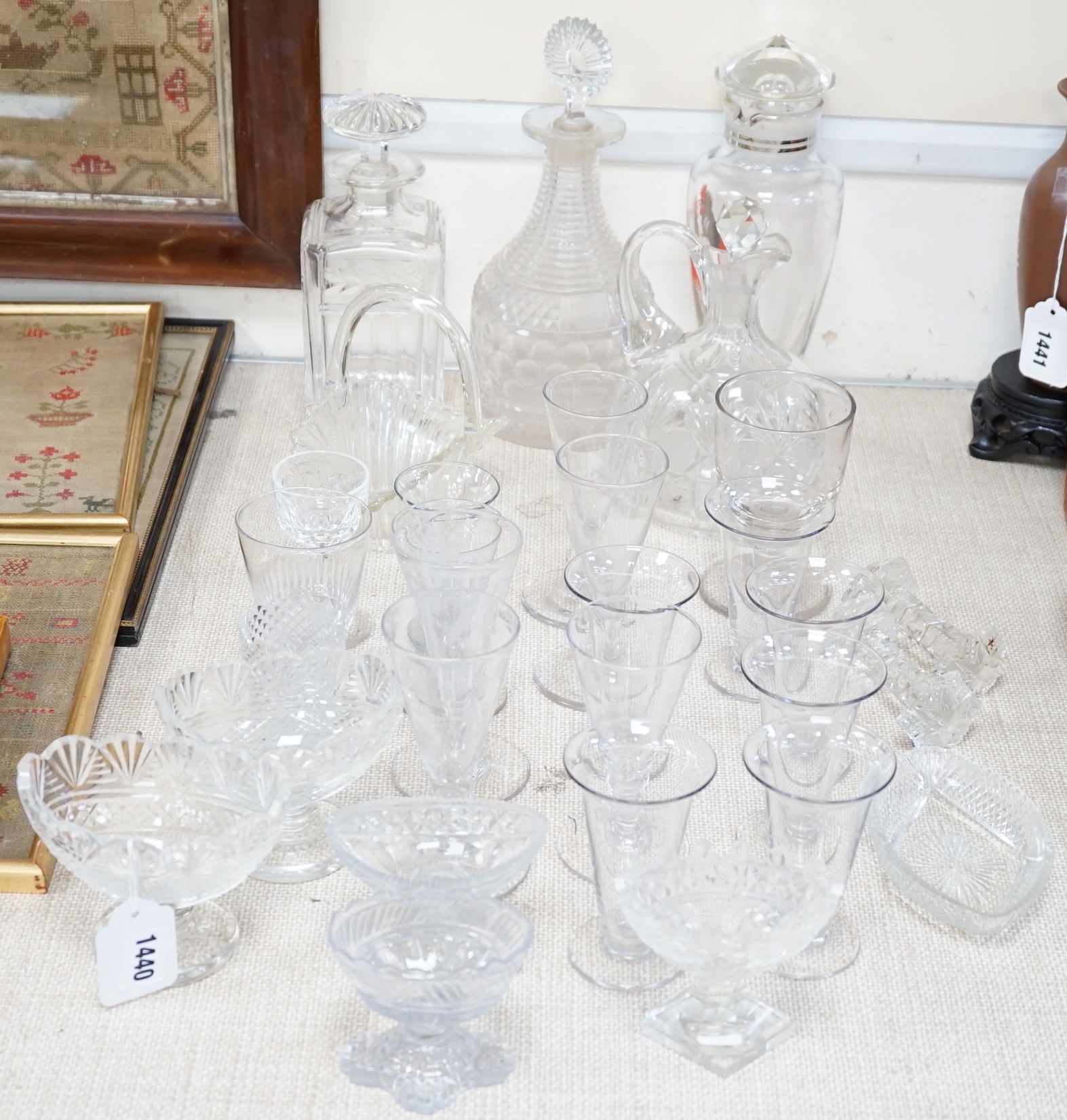 A quantity of cut and engraved glass including salts, decanters, cocktail shaker, rummers etc (30)